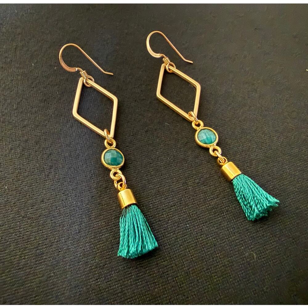 Mimi & Lu Melinda Gold Plated Emerald Druzy Tassel Dangle Earrings